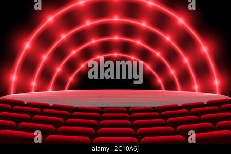 Rotes Neonlicht auf der Bühne mit Stuhl in der Halle Stock Vektor