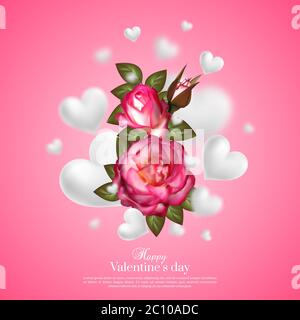 Realistische 3d-Valentinskarte mit Blumenmuster. Stock Vektor