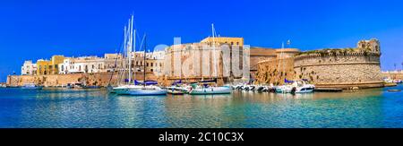 Apulien, südlich von Italien. Panorama der schönen mittelalterlichen Küstenstadt Gallipoli. Meerblick mit Burg Stockfoto