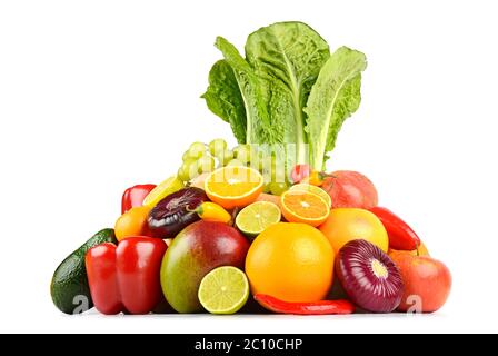 Obst und Gemüse Seitenansicht isoliert auf weißem Hintergrund. Stockfoto