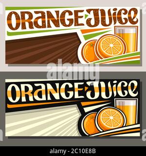 Vektor-Banner für Orangensaft mit Kopierer Platz, horizontale Layouts mit Abbildung von Fruchtgetränk im Glas, 2 Cartoon Orangen und einzigartige Pinsel lett Stock Vektor