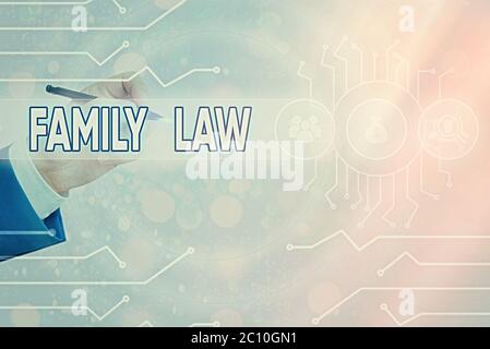 Konzeptionelle Handschrift, die Familienrecht zeigt. Konzept bedeutet Körper der Rechtspraxis, die sich mit innerhalb Haushalt Angelegenheiten Stockfoto