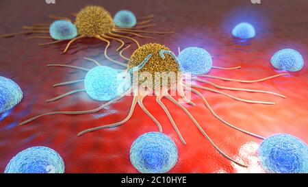 3D-Darstellung einer Krebszelle und Lymphozyten Stockfoto