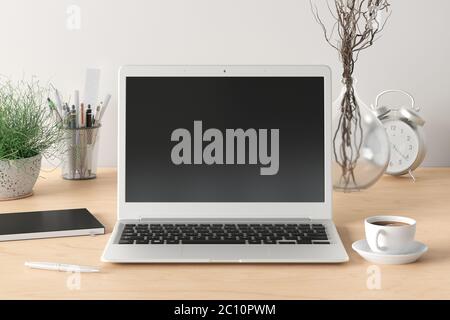 Arbeitsplatz mit Laptop-Modell. Holzschreibtisch und weiße Wände. Vorderansicht. Beschneidungspfad um den Laptop-Bildschirm. 3d-Illustration Stockfoto