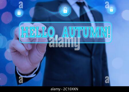 Text in Handschrift Hallo, Herbst. Konzeptuelle Fotogrusskarte, die für den Wechsel von Sommer zu Winter verwendet wird Stockfoto
