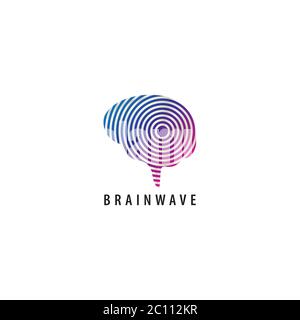Brainwave Logo Design Vorlage. Buntes Gehirn mit einer Signalwellen-Ausbreitung Illustration Logo Konzept. Blau Magenta lila violett Farbabstufung Farbe. Stock Vektor