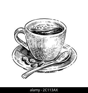 Handgezeichnete Skizze Tasse Kaffee isoliert auf weißem Hintergrund Stockfoto