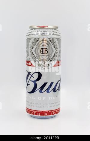 KIEW, UKRAINE - 06. JUNI 2020: Bier Budweiser kann gegen weißen Boden Nahaufnahme. Es ist ein blasses Lager im amerikanischen Stil, das von Anheuser-Busch Compa produziert wurde Stockfoto