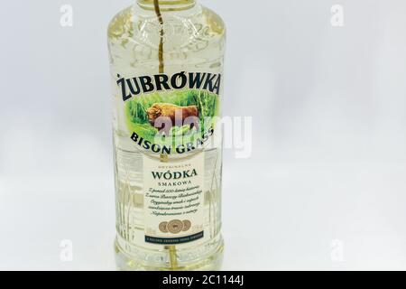 KIEW, UKRAINE - 06. JUNI 2020: Zubrowka Bison Grass Vodka Flasche Nahaufnahme vor weißem Hintergrund. Es ist ein aromatisierter polnischer Wodka Likör, der contai Stockfoto