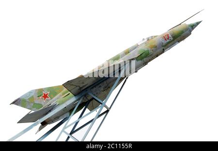 Gattschina, RUSSLAND. Das Überschallflugzeug MiG-21, das zu Ehren des Piloten Efimow in einem Gebiet gegründet wurde, wo die erste Meile Russlands war Stockfoto