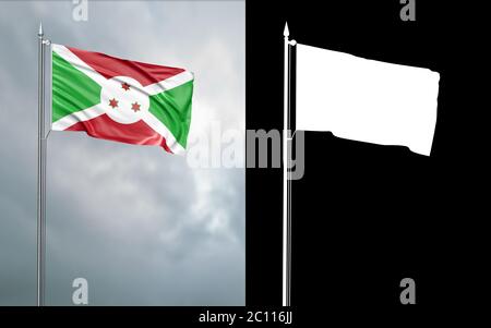 3d-Darstellung der Staatsflagge der Republik Burundi, die sich im Wind am Fahnenmast vor einem wolkenlosen Himmel mit seinem Alphakanal bewegt Stockfoto