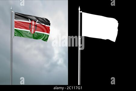 3d-Darstellung der Staatsflagge der Republik Kenia, die sich im Wind am Fahnenmast vor einem wolkenlosen Himmel mit seinem Alphakanal bewegt Stockfoto