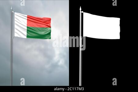 3d-Darstellung der Staatsflagge der Republik Madagaskar, die sich im Wind am Fahnenmast vor einem wolkenlosen Himmel mit seinem Alphakanal bewegt Stockfoto