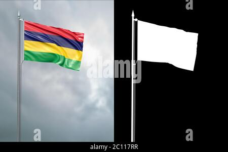 3d-Darstellung der Staatsflagge der Republik Mauritius, die sich im Wind am Fahnenmast vor einem wolkenlosen Himmel mit seinem Alphakanal bewegt Stockfoto