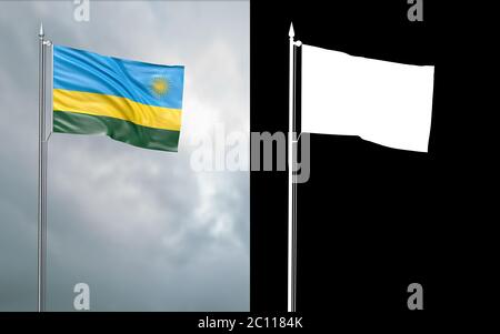 3d-Darstellung der Staatsflagge der Republik Ruanda, die sich im Wind am Fahnenmast vor einem wolkenlosen Himmel mit seinem Alpha-Kanal bewegt Stockfoto