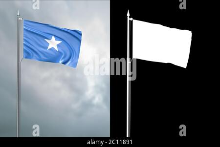 3d-Darstellung der Staatsflagge der Bundesrepublik Somalia, die sich im Wind am Fahnenmast vor einem wolkenlosen Himmel mit seinem Alpha-Channe bewegt Stockfoto