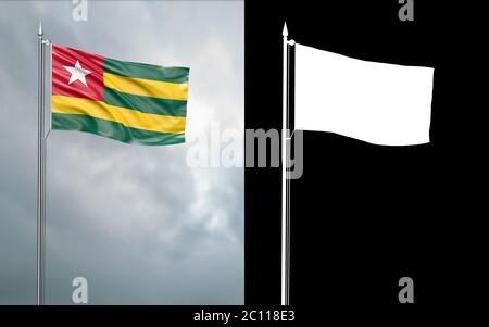 3d-Darstellung der Staatsflagge der togolesischen Republik, die sich im Wind am Fahnenmast vor einem wolkenlosen Himmel mit seinem Alphakanal bewegt Stockfoto