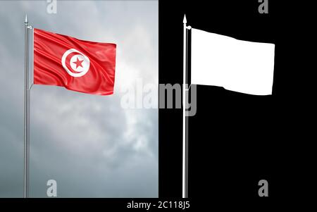 3d-Darstellung der Staatsflagge der Republik Tunesien, die sich im Wind am Fahnenmast vor einem wolkenlosen Himmel mit seinem Alphakanal bewegt Stockfoto