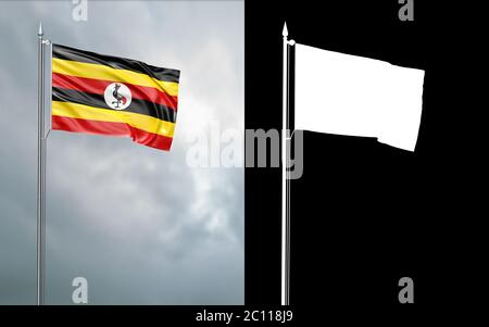 3d-Darstellung der Staatsflagge der Republik Uganda, die sich im Wind am Fahnenmast vor einem wolkenlosen Himmel mit seinem Alphakanal bewegt Stockfoto