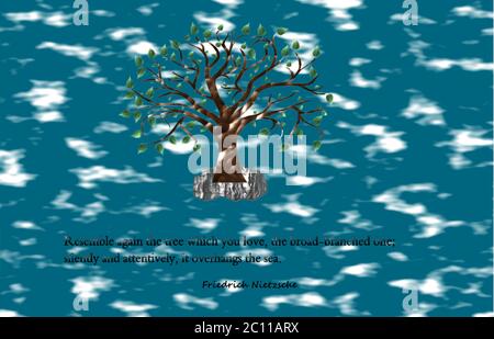 Zitat über Einsamkeit - Baum auf einem Felsen in der Mitte des Meeres Stock Vektor