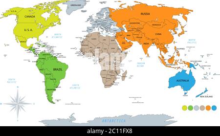 Politische Weltkarte auf weißem Hintergrund, mit jedem Staat markiert und wählbar. Farben nach Kontinenten. Vielseitige Datei.EPS10 Stock Vektor
