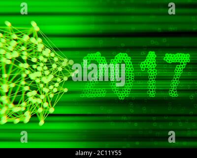 Frohes neues Jahr 2017 isoliert Zahlen geschrieben mit Licht auf geometrischen Hintergrund schwarz tech Stockfoto