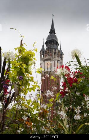 Der Rathausturm von Calais dominiert die Skyline kilometerlangen. Stockfoto