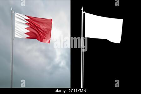 3d-Darstellung der Staatsflagge des Königreichs Bahrain, die sich im Wind am Fahnenmast vor einem wolkenlosen Himmel mit seinem Alphakanal bewegt Stockfoto