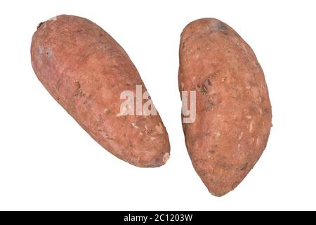 Süsse Kartoffeln auf weißem Hintergrund Stockfoto