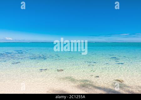 Tropische Landschaft - schöner Strand mit transparentem Ozean und blauem Himmel von Mauritius Stockfoto