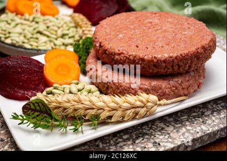 Quelle für Faser pflanzlichen Basis vegane Soja-Protein-Burger, Fleisch frei gesunde Lebensmittel aus nächster Nähe Stockfoto