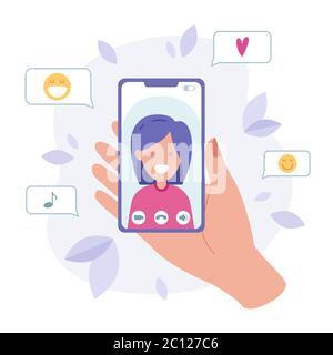 Videoanruf mit einem geliebten Menschen. Das Konzept der Videoanrufe. Die Hand hält ein Smartphone. Frau auf dem Bildschirm. Vektor Cartoon flache Illustration für Web, Banner Stock Vektor