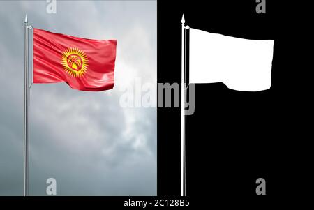 3d-Darstellung der Staatsflagge der Kirgisischen Republik, die sich im Wind am Fahnenmast vor einem wolkenlosen Himmel mit seinem Alpha-Kanal bewegt Stockfoto