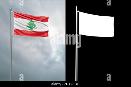 3d-Darstellung der Staatsflagge der libanesischen Republik, die sich im Wind am Fahnenmast vor einem wolkenverhangenem Himmel mit seinem Alphakanal bewegt Stockfoto