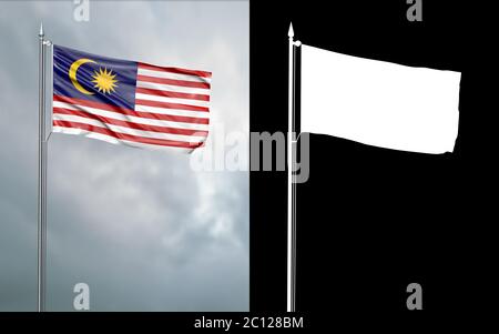 3d-Darstellung der Staatsflagge der Malaysia-Föderation, die sich im Wind am Fahnenmast vor einem wolkenlosen Himmel mit seinem Alphakanal bewegt Stockfoto