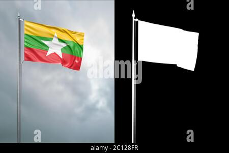 3d-Darstellung der Staatsflagge von 3d-Darstellung der Staatsflagge der Republik der Union von Myanmar, die sich im Wind am Fahnenmast in f bewegt Stockfoto