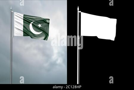 3d-Darstellung der Staatsflagge der Islamischen Republik Pakistan, die sich im Wind am Fahnenmast vor einem wolkenlosen Himmel mit seinem Alpha-Chann bewegt Stockfoto