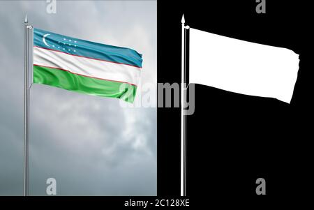 3d-Darstellung der Staatsflagge der Republik Usbekistan, die sich im Wind am Fahnenmast vor einem wolkenlosen Himmel mit seinem Alpha-Kanal bewegt Stockfoto