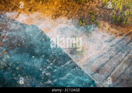 Luftaufnahme. Frühling Trockenes Gras Verbrennt Während Der Trockenheit Heißes Wetter. Bush Feuer Und Rauch Im Wald. Offenes Feuer Zerstört Gras. Die Natur In Gefahr Stockfoto