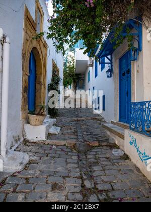 Straßenszene im Dorf Sidi bou Said, Tunesien, bekannt für seine traditionelle Verwendung von blauen und weißen Farben auf den Fassaden von Gebäuden. Stockfoto