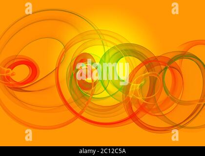 Holiday Glas transparent Regenbogen gebogene Spirale und Kreise über gelb orange Abstrakten Hintergrund. Horizontale Illustration. Stockfoto