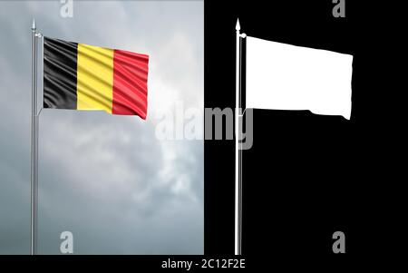 3d-Darstellung der Staatsflagge des Königreichs Belgien, die sich im Wind am Fahnenmast vor einem wolkenlosen Himmel mit seinem Alphakanal bewegt Stockfoto
