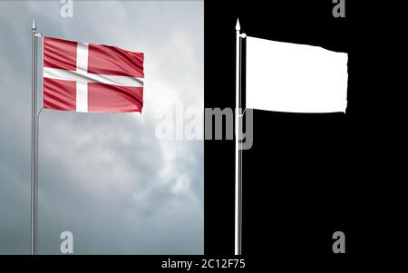 3d-Darstellung der Staatsflagge des Königreichs Dänemark, die sich im Wind am Fahnenmast vor einem wolkenlosen Himmel mit seinem Alpha-Kanal bewegt Stockfoto