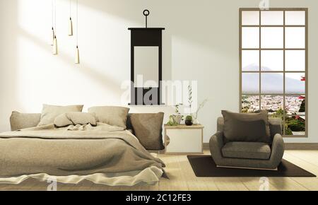 Das moderne Schlafzimmer ist luxuriös, japanischer Stil und blickt auf den Fuji Berg im Fenster und kann mit einer Aussicht bearbeitet werden. 3D-Rendering Stockfoto
