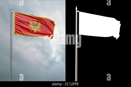 3d-Darstellung der Staatsflagge Montenegros, die sich im Wind am Fahnenmast vor einem wolkenlosen Himmel mit seinem Alphakanal bewegt Stockfoto