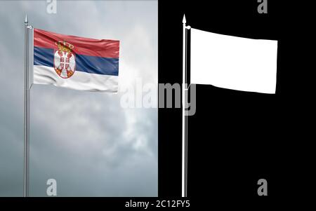 3d-Darstellung der Staatsflagge der Republik Serbien, die sich im Wind am Fahnenmast vor einem wolkenlosen Himmel mit seinem Alpha-Kanal bewegt Stockfoto