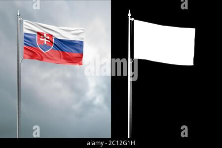 3d-Darstellung der Staatsflagge der Slowakischen Republik, die sich im Wind am Fahnenmast vor einem wolkenverhangenem Himmel mit seinem Alphakanal bewegt Stockfoto