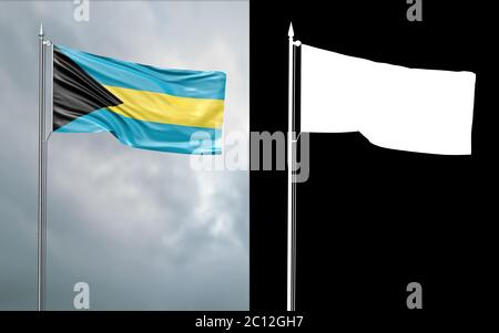 3d-Darstellung der Staatsflagge des Commonwealth der Bahamas, die sich im Wind am Fahnenmast vor einem wolkenlosen Himmel mit seinem Alpha-Channe bewegt Stockfoto