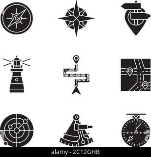 Navigation schwarze Glyphen Symbole auf weißen Raum gesetzt Stock Vektor