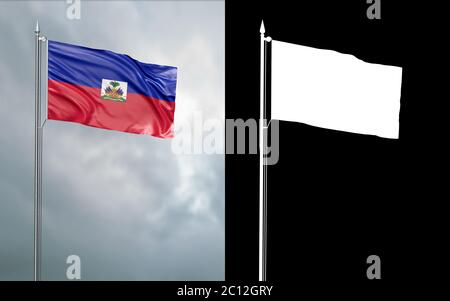 3d-Darstellung der Staatsflagge der Republik Haiti, die sich im Wind am Fahnenmast vor einem wolkenlosen Himmel mit seinem Alphakanal bewegt Stockfoto